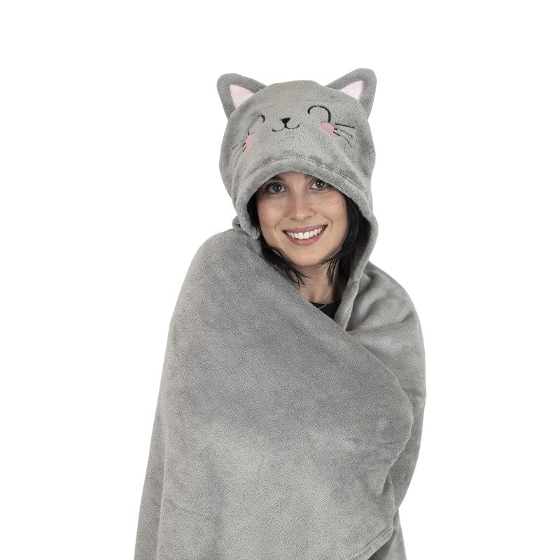 Coperta con cappuccio Legami Cosy Hugs Gatto grigia con orecchie e musetto kawaii: morbida e avvolgente per divano e relax. Scoprila su Viano Shop!