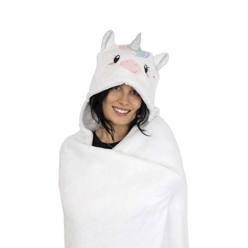 Coperta con cappuccio Legami Cosy Hugs Unicorno bianca con corno argentato e criniera arcobaleno: morbida e avvolgente per il relax. Su Viano Shop!
