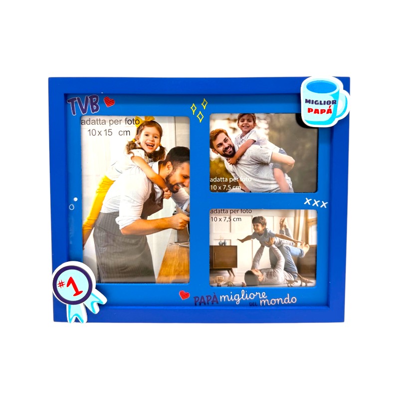 Bellissima cornice portafoto per la festa del papà. Blu con la scritta papà migliore del mondo.