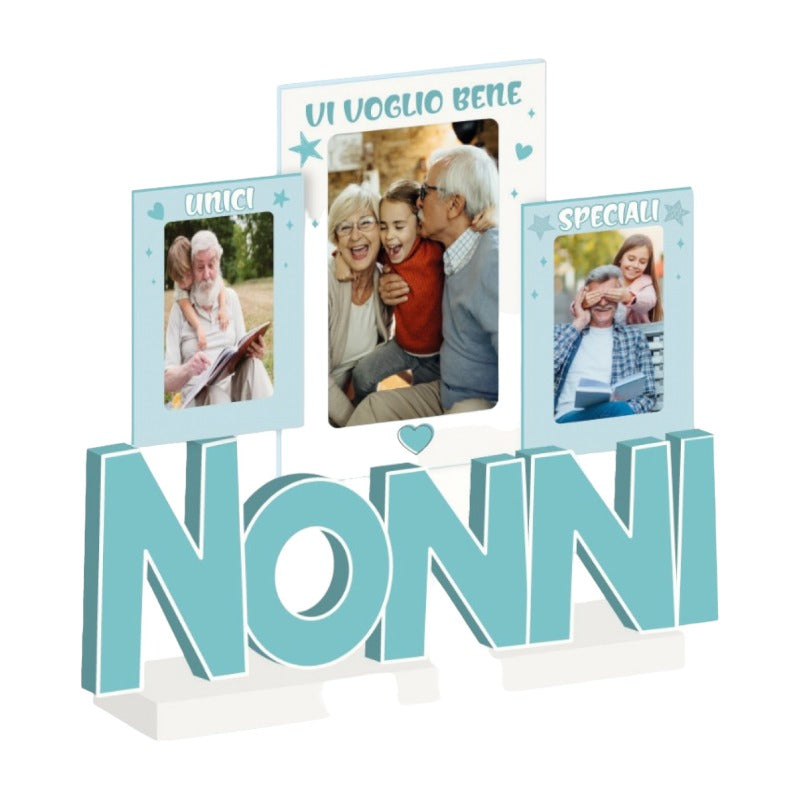 Bellissima cornice portafoto per la festa dei nonni. In questa cornice puoi inserire ben 3 foto dei tuoi super nonni per rendere unico il giorno della loro festa.