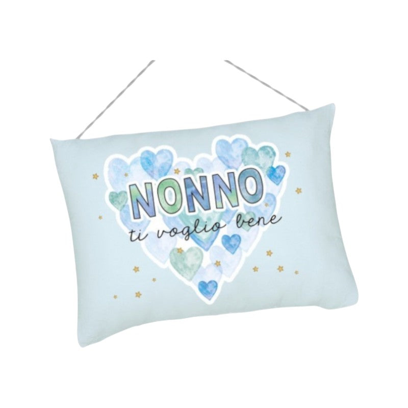 Bellissimo cuscino regalo per la festa dei nonni, azzurro con tanti cuoricini e la scritta "Nonno ti voglio bene"