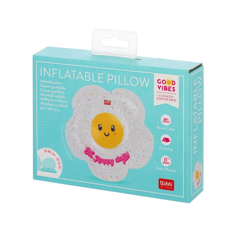 Cuscino gonfiabile Legami Oh Happy Daisy: forma margherita, PVC trasparente con glitter rosa, faccino kawaii centrale. Regalo estivo originale e scintillante!
