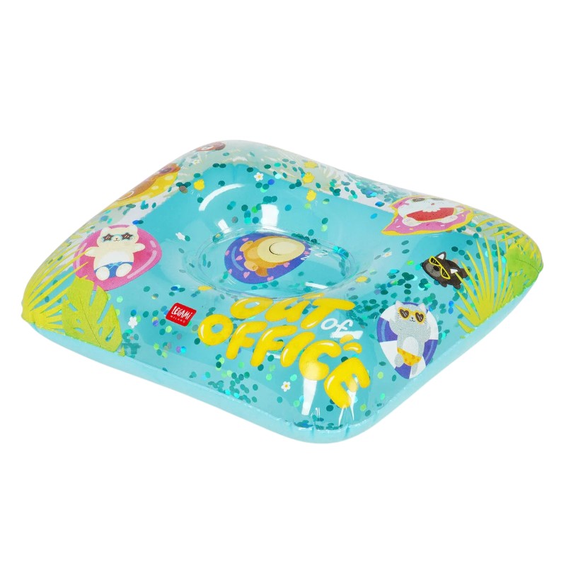 Cuscino gonfiabile Legami Out of Office 37x30cm: PVC trasparente con glitter, design kawaii animaletti. Perfetto per mare, piscina e campeggio. Scoprilo!
