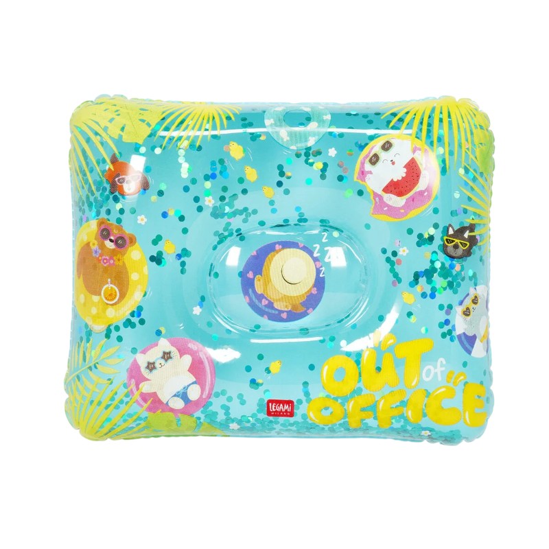 Cuscino gonfiabile Legami Out of Office 37x30cm: PVC trasparente con glitter, design kawaii animaletti. Perfetto per mare, piscina e campeggio. Scoprilo!
