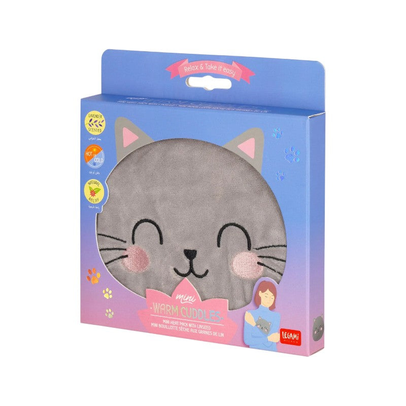 Cuscino termico Legami Gatto con semi di lino e lavanda, uso caldo e freddo. Mini Warm Cuddles per relax naturale kawaii. Scoprilo ora! 