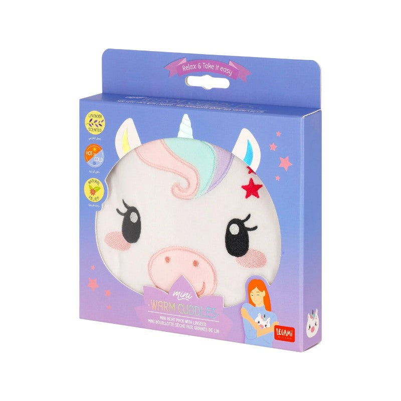 Cuscino termico Legami Unicorno con semi di lino e lavanda, uso caldo e freddo. Mini Warm Cuddles per relax naturale kawaii. Scoprilo ora!