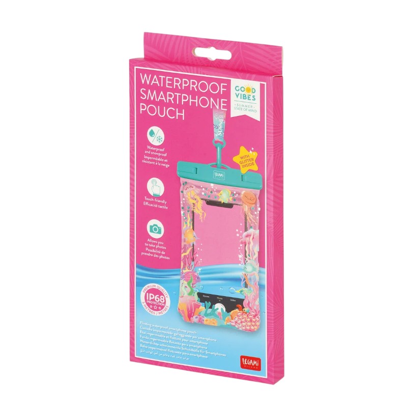 Custodia impermeabile smartphone Legami Summer is Magic: IP68 fino a 3m, touch screen, cordino incluso. Compatibile fino a 6,5". Perfetta per mare e piscina!
