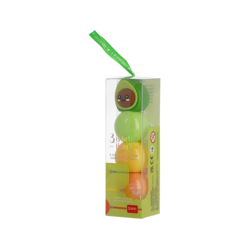 Evidenziatore 3 in 1 Legami Avocado con 3 colori pastello impilabili: verde, giallo e arancio in un solo evidenziatore kawaii. Su Viano Shop!
