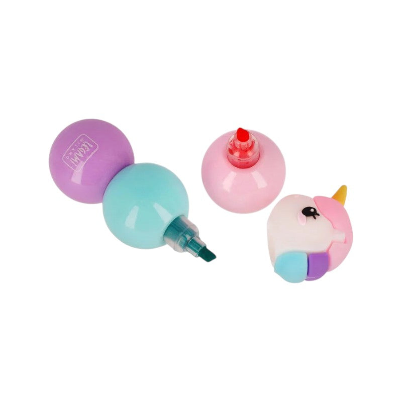Evidenziatore 3 in 1 Legami Unicorno con 3 colori pastello impilabili: rosa, azzurro e lilla in un solo evidenziatore kawaii. Su Viano Shop!