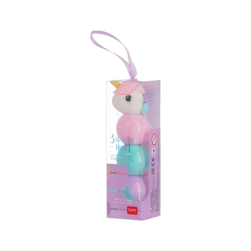 Evidenziatore 3 in 1 Legami Unicorno con 3 colori pastello impilabili: rosa, azzurro e lilla in un solo evidenziatore kawaii. Su Viano Shop!