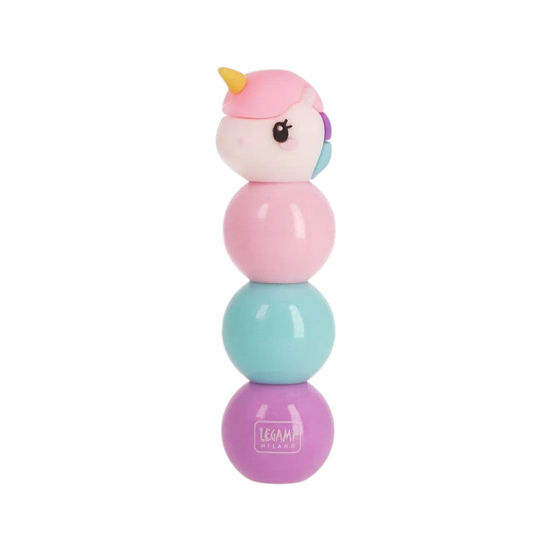 Evidenziatore 3 in 1 Legami Unicorno con 3 colori pastello impilabili: rosa, azzurro e lilla in un solo evidenziatore kawaii. Su Viano Shop!