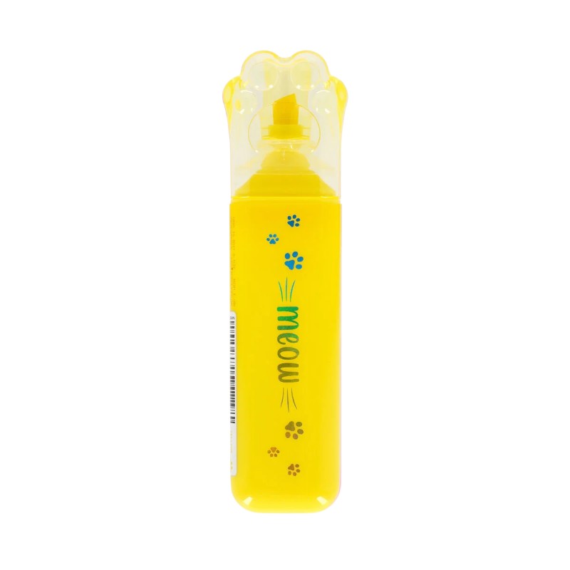 Evidenziatore Legami Meow — cappuccio zampa gatto, punta scalpello 5 mm, inchiostro acqua asciugatura rapida. Regalo kawaii per studentesse. 