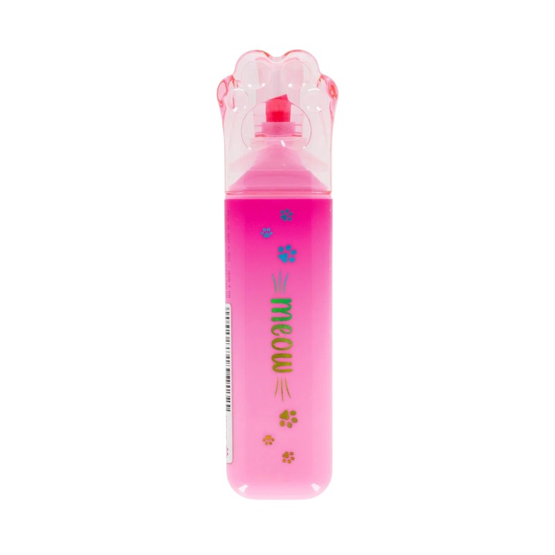 Evidenziatore Legami Meow — cappuccio zampa gatto, punta scalpello 5 mm, inchiostro acqua asciugatura rapida. Regalo kawaii per studentesse. 