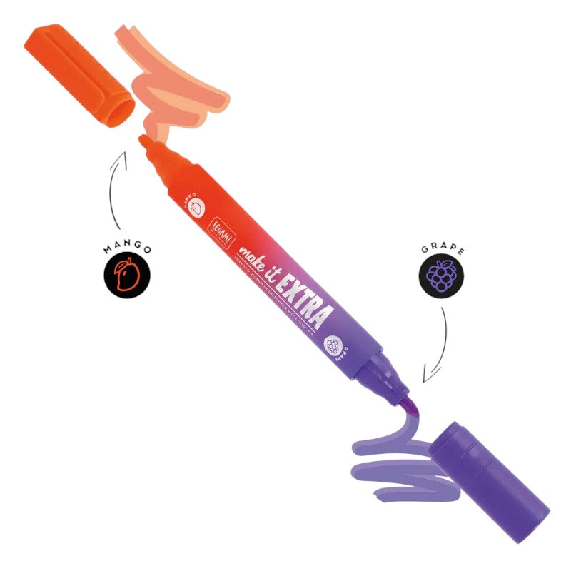 Evidenziatore profumato Legami Make it Extra a doppia punta: 2 colori fluo e 2 profumi fruttati in un solo evidenziatore. Su Viano Shop!