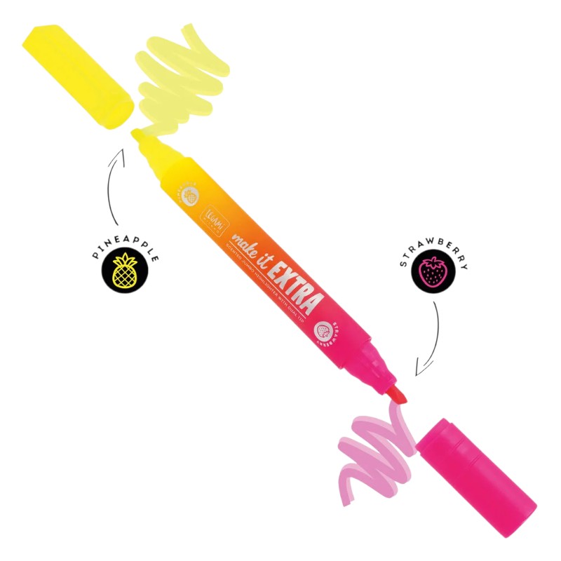 Evidenziatore profumato Legami Make it Extra a doppia punta: 2 colori fluo e 2 profumi fruttati in un solo evidenziatore. Su Viano Shop!
