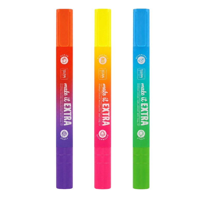 Evidenziatore profumato Legami Make it Extra a doppia punta: 2 colori fluo e 2 profumi fruttati in un solo evidenziatore. Su Viano Shop!