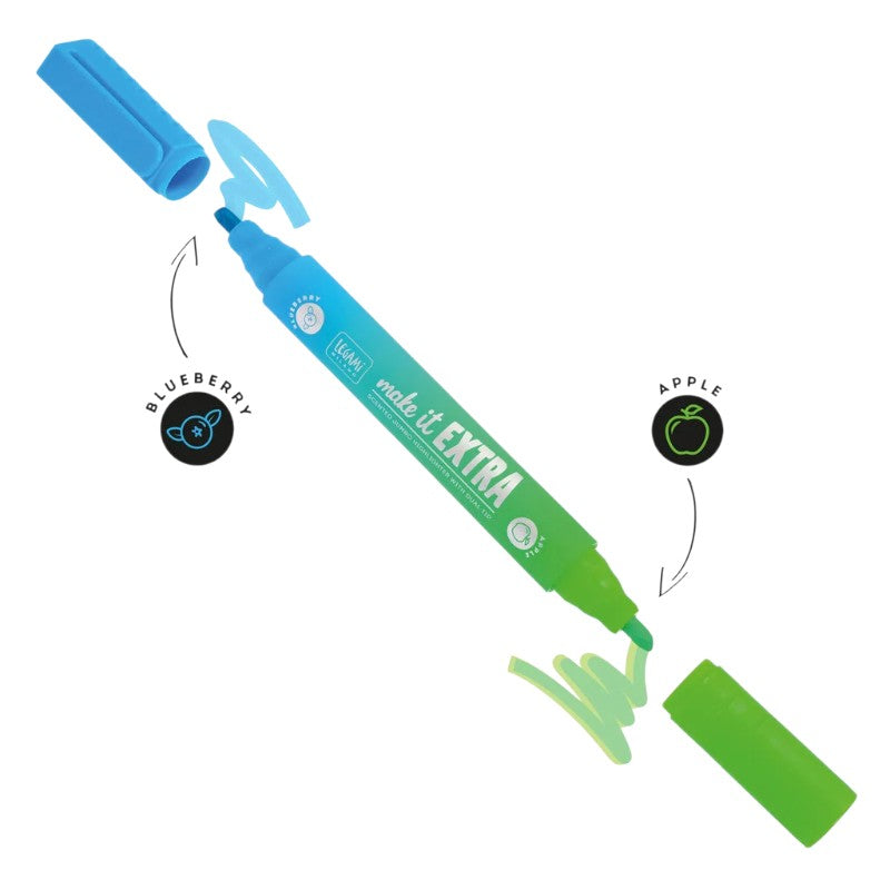 Evidenziatore profumato Legami Make it Extra a doppia punta: 2 colori fluo e 2 profumi fruttati in un solo evidenziatore. Su Viano Shop!
