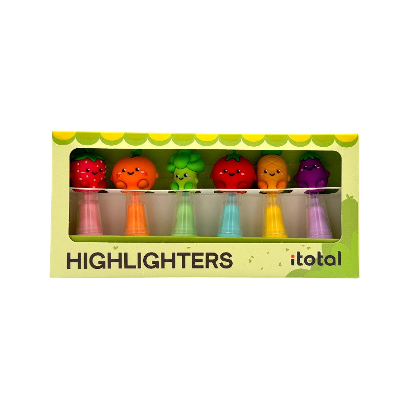Evidenziatori kawaii I-Total Fresh Market — set 6 pz frutta e verdura, colori pastello, mini formato. Regalo originale per bambini e studentesse.