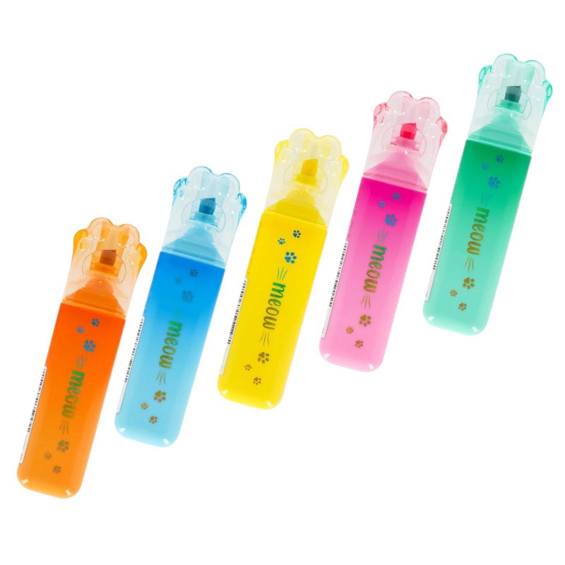 Evidenziatore Legami Meow — cappuccio zampa gatto, punta scalpello 5 mm, inchiostro acqua asciugatura rapida. Regalo kawaii per studentesse. 