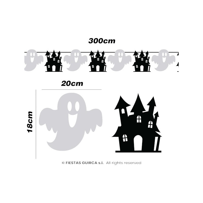 Festoni ghirlanda di Halloween Fiestas Guirca da 3 metri: pipistrelli, zucche, fantasmi e castelli per decorare la festa. Su Viano Shop!