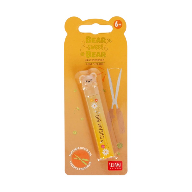 Forbici mini portatili Legami Bear Sweet Bear — custodia protettiva kawaii, orsetto Dream Big, età 6+. Regalo scolastico coordinato WonderWow. 