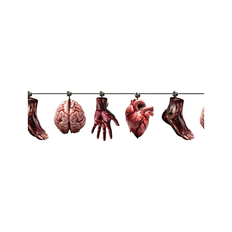 Festone horror di Halloween 3 metri con mani, piedi, cuori e cervelli appesi a ganci: decorazione da macelleria dell’orrore. Su Viano Shop!