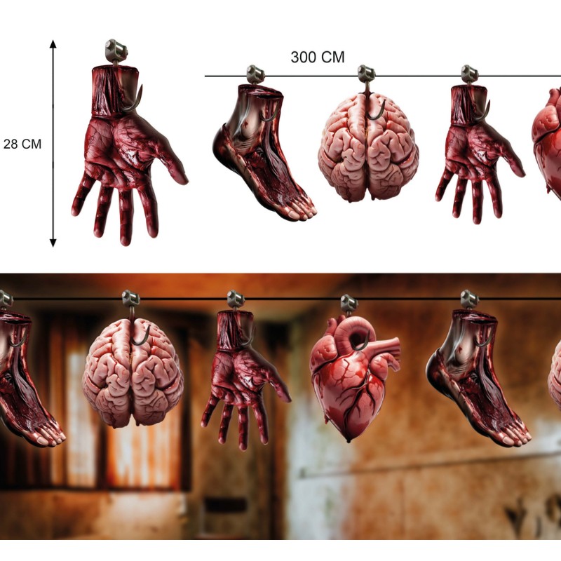 Festone horror di Halloween 3 metri con mani, piedi, cuori e cervelli appesi a ganci: decorazione da macelleria dell’orrore. Su Viano Shop!