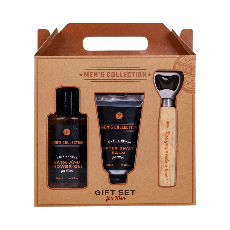 Bellissimo set bagno regalo da uomo composto da bagnoschiuma, una crema dopobarba ed un apribottiglie in legno
