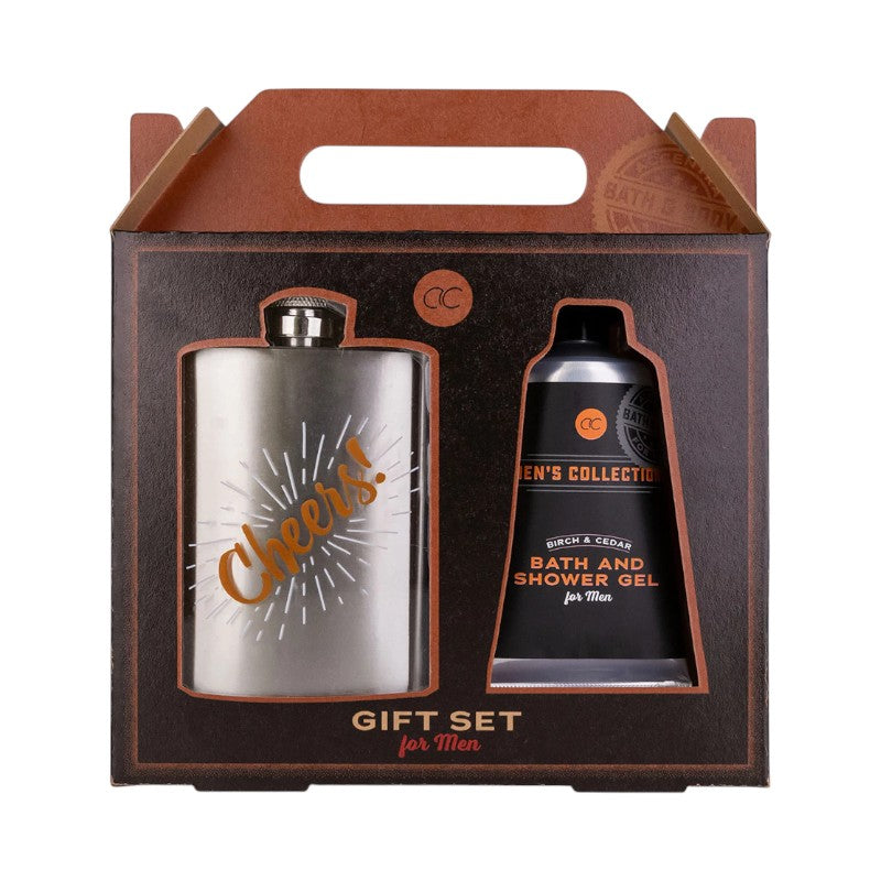 Bellissimo set bagno regalo da uomo composto da un docciaschiuma ed una fiaschetta in acciaio inox.