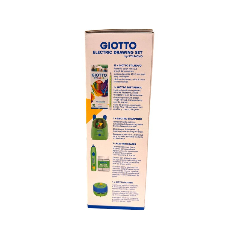 Giotto Electric Drawing Set by Stilnovo: temperamatite e gomma elettrici, aspirabriciole e 12 pastelli Stilnovo. Su Viano Shop!
