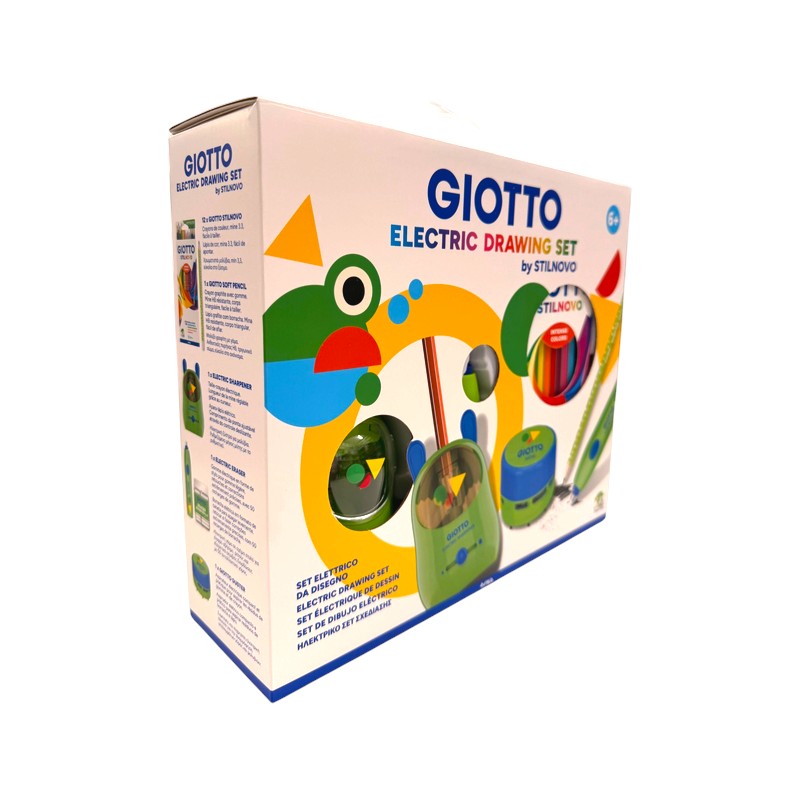 Giotto Electric Drawing Set by Stilnovo: temperamatite e gomma elettrici, aspirabriciole e 12 pastelli Stilnovo. Su Viano Shop!