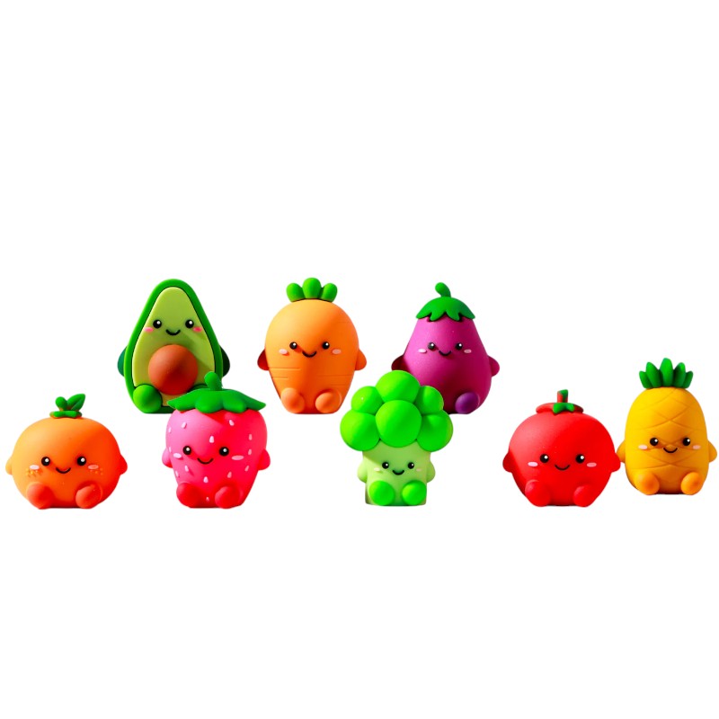 Gomme 3D kawaii I-Total Fresh Market 5cm: frutta e verdura con faccino sorridente. 7 personaggi da collezione. Regalo originale per bambini.