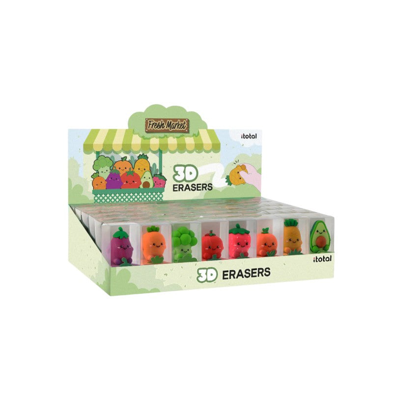 Gomme 3D kawaii I-Total Fresh Market 5cm: frutta e verdura con faccino sorridente. 7 personaggi da collezione. Regalo originale per bambini.