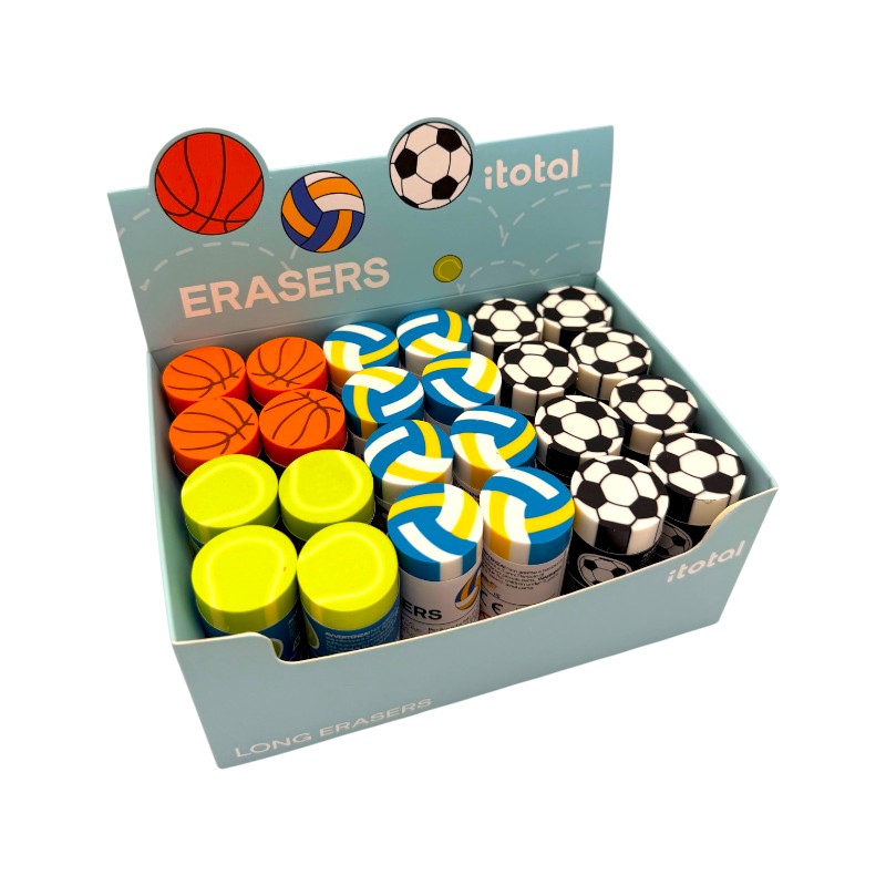 Gomme 3D sport I-Total — forma pallone, long eraser, varianti calcio, basket, volley e tennis. Regalo originale per bambini sportivi.