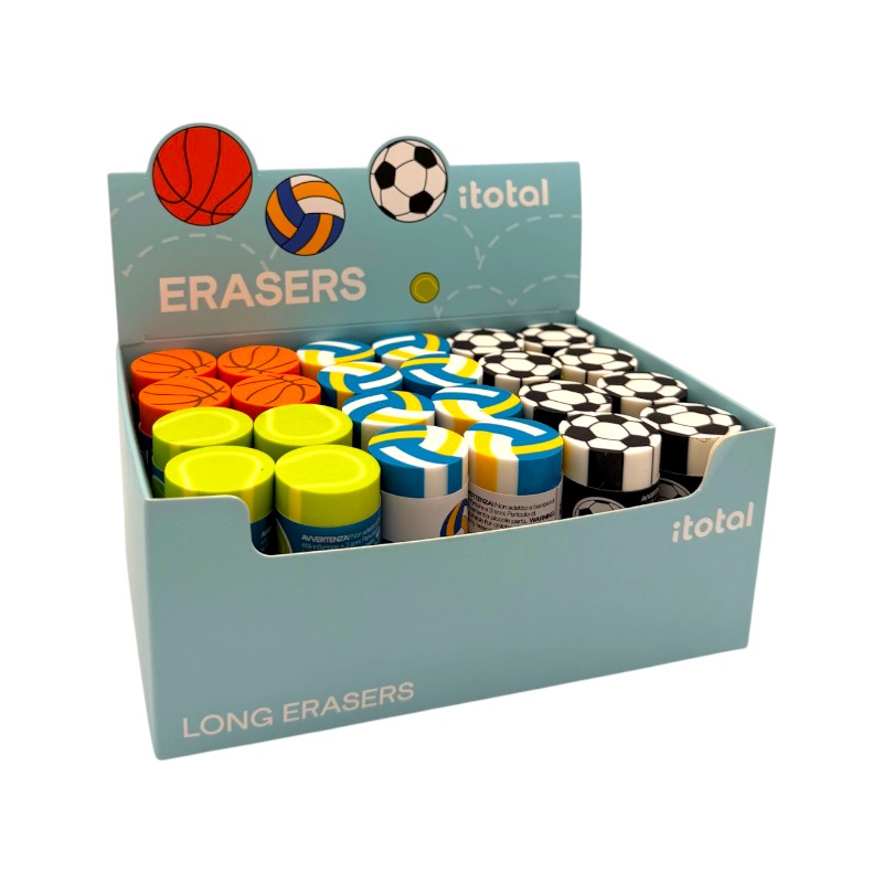 Gomme 3D sport I-Total — forma pallone, long eraser, varianti calcio, basket, volley e tennis. Regalo originale per bambini sportivi.