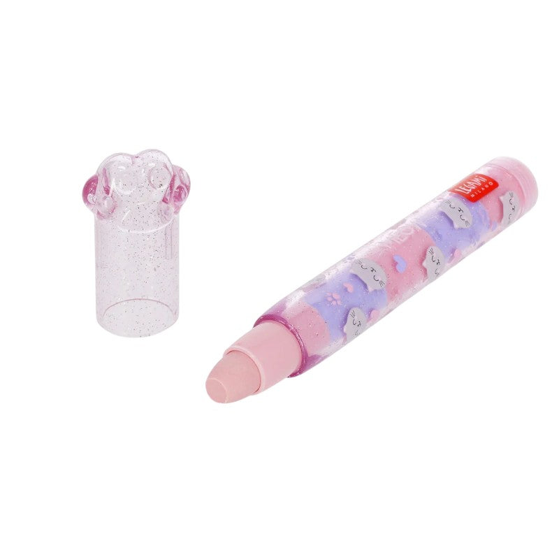 Gomme impilabili Legami Gatto — segmenti rosa e lilla, contenitore glitterato kawaii, cappuccio zampa felina. Regalo originale per la scuola.