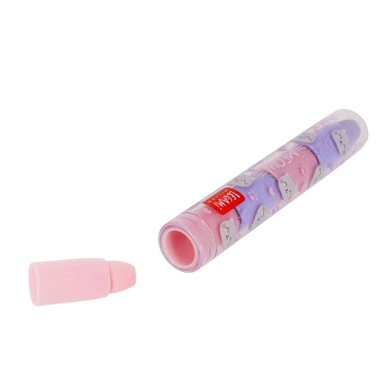 Gomme impilabili Legami Gatto — segmenti rosa e lilla, contenitore glitterato kawaii, cappuccio zampa felina. Regalo originale per la scuola.