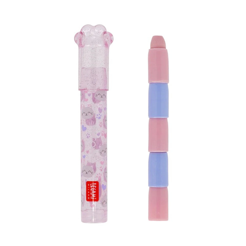 Gomme impilabili Legami Gatto — segmenti rosa e lilla, contenitore glitterato kawaii, cappuccio zampa felina. Regalo originale per la scuola.