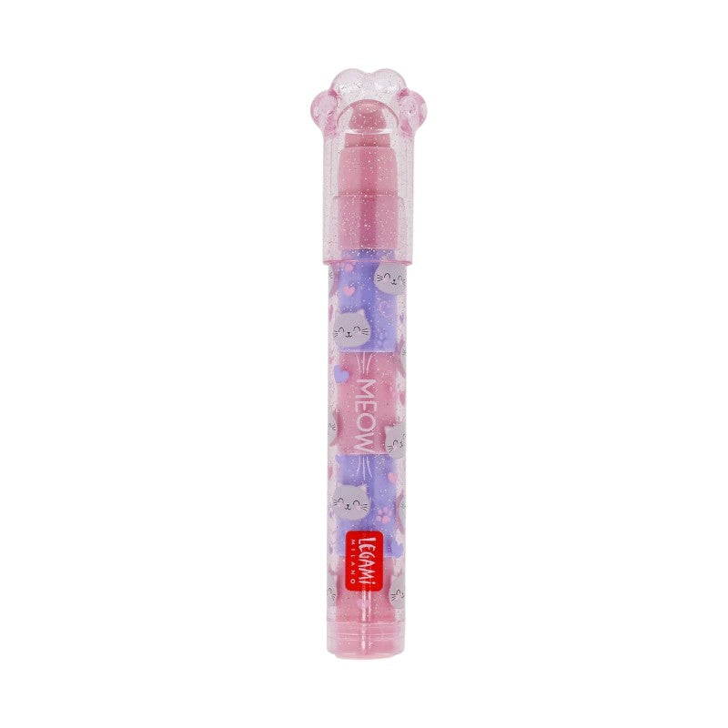 Gomme impilabili Legami Gatto — segmenti rosa e lilla, contenitore glitterato kawaii, cappuccio zampa felina. Regalo originale per la scuola.