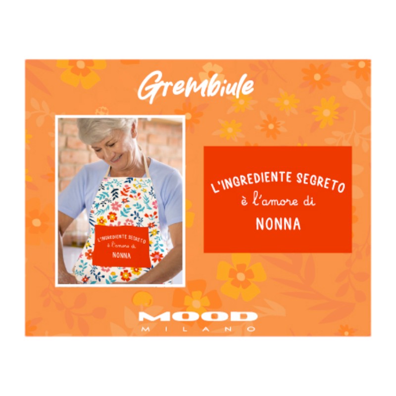 Fantastico grembiule con design floreale e la scritta "L'ingrediente segreto è l'amore di nonna"