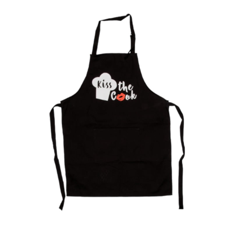 Grembiule nero da uomo con scritta "Kiss the Cook". Ottima idea regalo per uomo