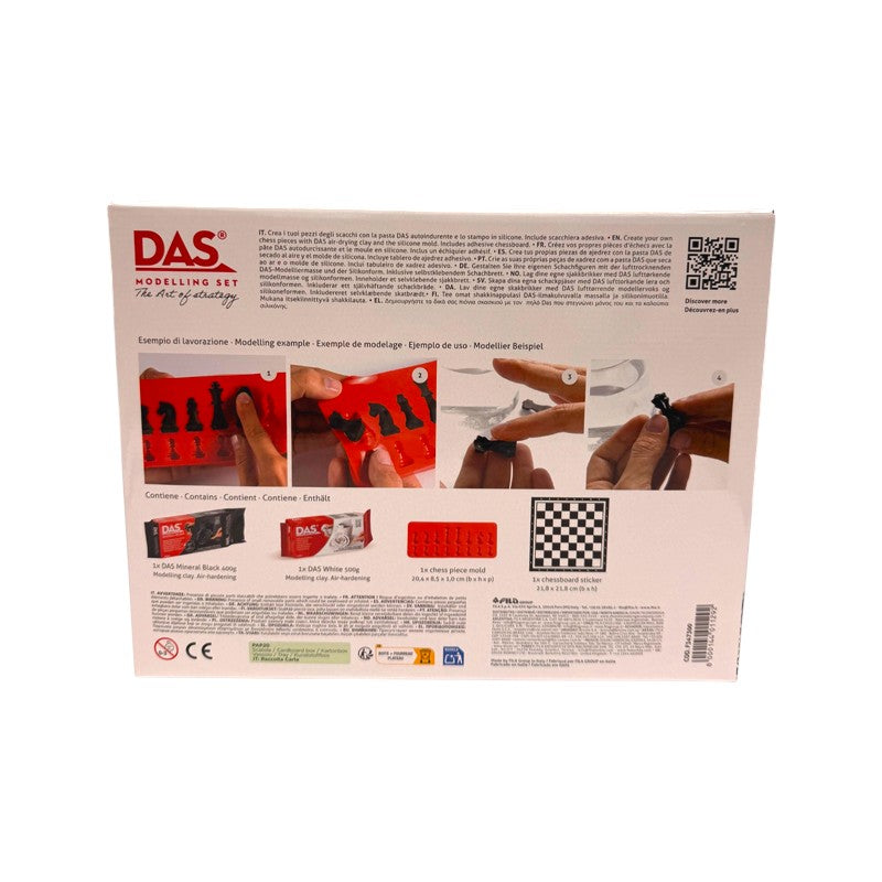 DAS Modelling Set Chess Edition: kit con pasta DAS bianca e nera, stampo e scacchiera per creare i tuoi scacchi. Su Viano Shop!