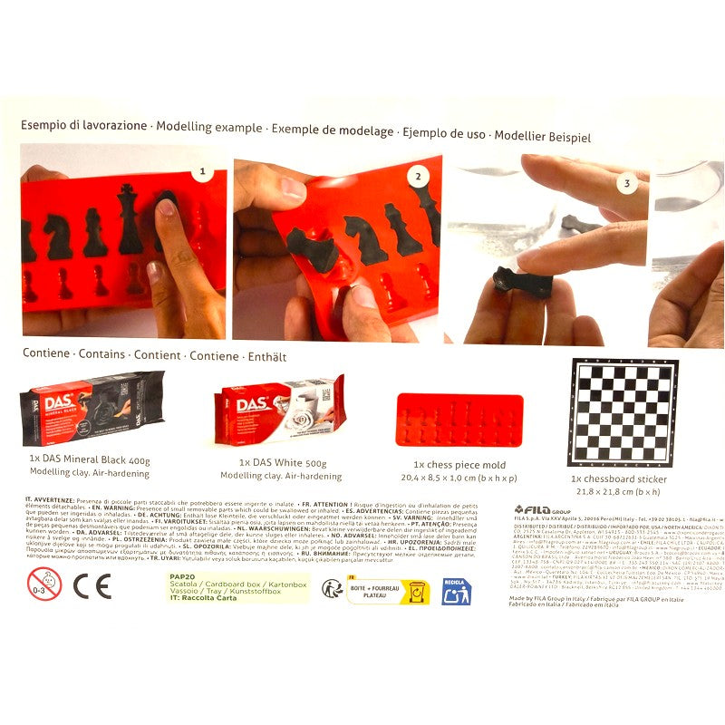 DAS Modelling Set Chess Edition: kit con pasta DAS bianca e nera, stampo e scacchiera per creare i tuoi scacchi. Su Viano Shop!