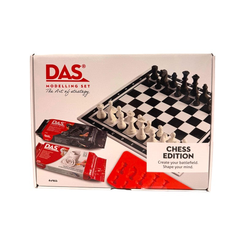 DAS Modelling Set Chess Edition: kit con pasta DAS bianca e nera, stampo e scacchiera per creare i tuoi scacchi. Su Viano Shop!