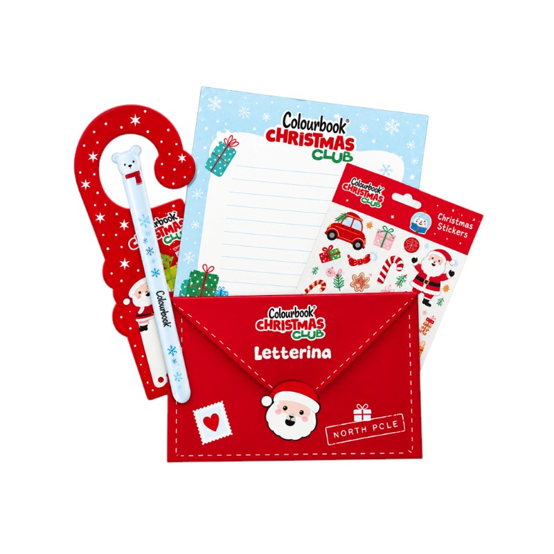 Kit Letterina per Babbo Natale Colourbook Christmas Club con busta, foglio, penna, sticker e appendiporta: magia per bambini. Su Viano Shop!