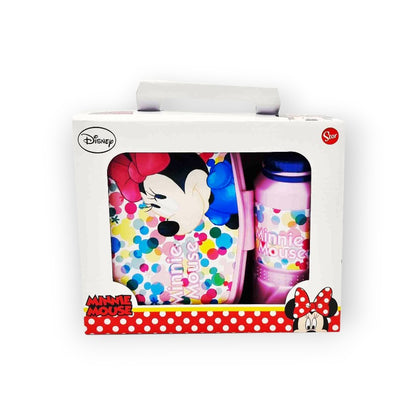 Fantastico kit merenda disney composto da 1 borraccia in plastica da 420ml ed 1 portamerenda. Tema Minnie Mouse