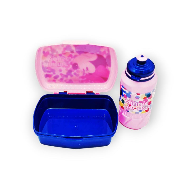 Fantastico kit merenda disney composto da 1 borraccia in plastica da 420ml ed 1 portamerenda. Tema Minnie Mouse