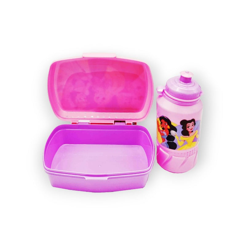 Fantastico kit merenda disney composto da 1 borraccia in plastica da 420ml ed 1 portamerenda. Tema Principesse