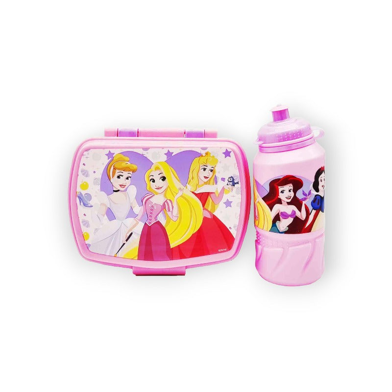 Fantastico kit merenda disney composto da 1 borraccia in plastica da 420ml ed 1 portamerenda. Tema Principesse