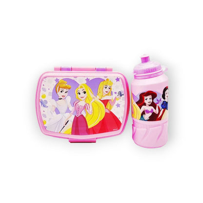 Fantastico kit merenda disney composto da 1 borraccia in plastica da 420ml ed 1 portamerenda. Tema Principesse